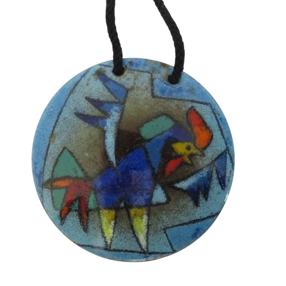 Vintage‎ Enamel Rooster Pendant Necklace Blue Abstract Art Round Pendant